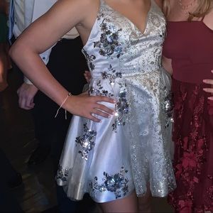 silver/gray sparkly homecoming dress